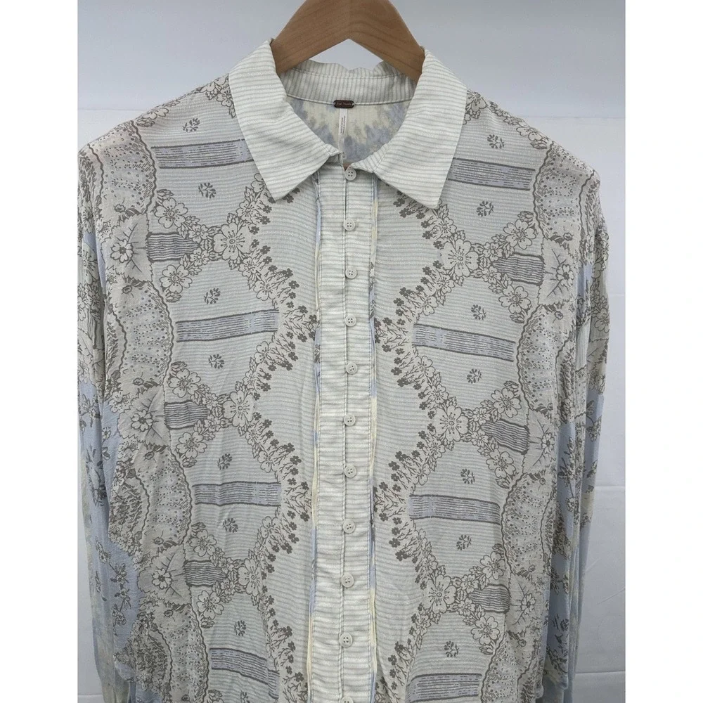 Free‎ People Virgo Baby Button Down Long Sleeve Floral Blue Stripes Boho Medium - Picture 6 of 10
